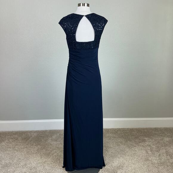 Betsy & Adam Sequined Lace Embellished Long Column Evening Gown Navy Blue Size 8 - Picture 6 of 13